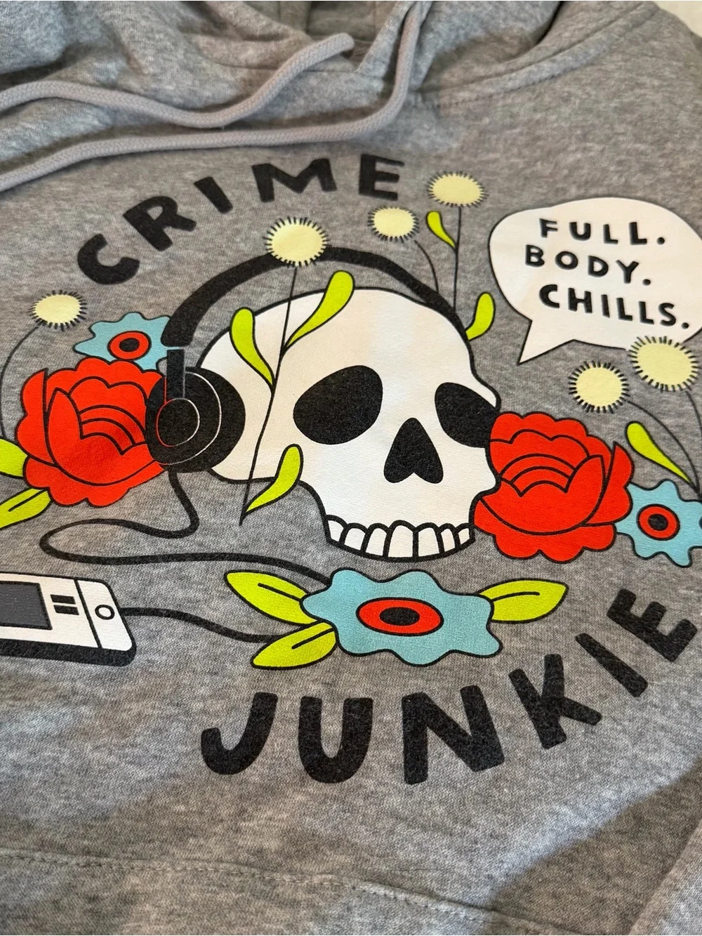Crime Junkie Graphic Hoodie - Gray with Colorful Print - Picture 2 of 3